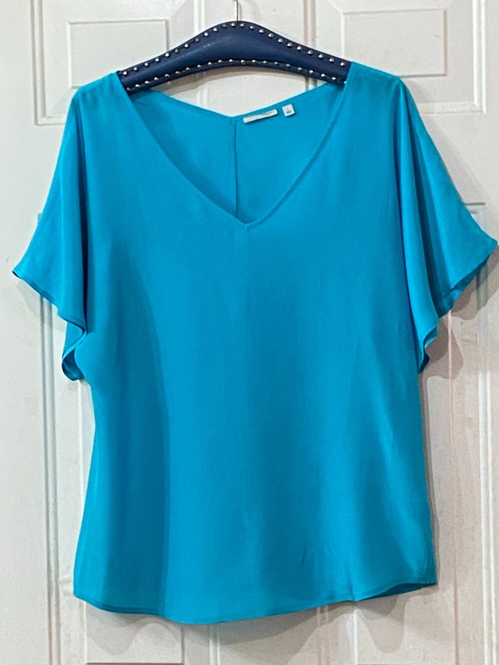 Halogen Sz L Blouse Turquoise V-Neck Short Sleeve Silk/Viscose